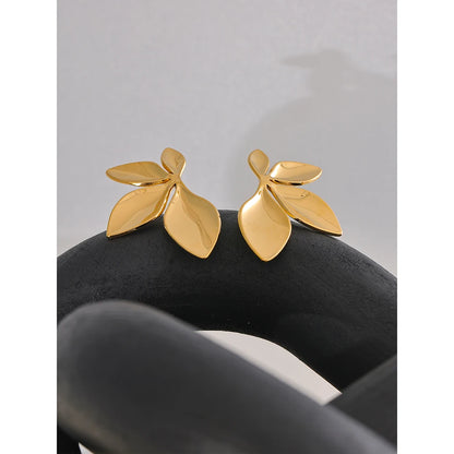 Stainless Steel Flower Leaves Stud Earrings - Hypoallergenic Waterproof Charm Texture High Quality Jewelry