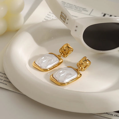 Uworld Retro Stainless Steel 18K Gold Plated Shell Pearl Earrings Geometric Square Large Earrings Women's Jewelry Gift for Her