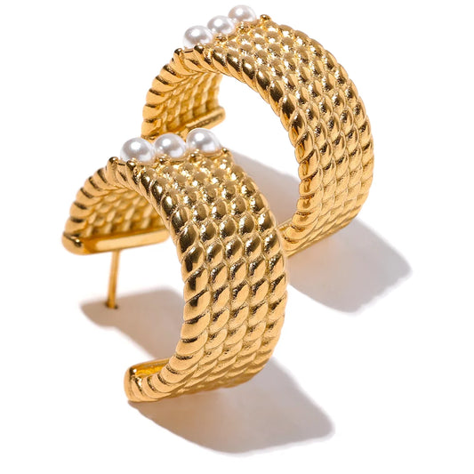 Stainless Steel 18K Gold Plated Waterproof Pearl Hoop Earrings Trendy Fashion Quality Jewelry