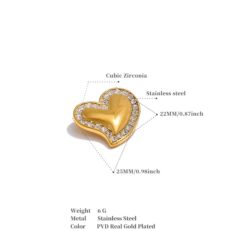 Zircon Heart Brooch – 18K Gold-Plated Stainless Steel Pin
