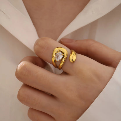 18K Gold Plated Stainless Steel Open Ring Inlaid with Water Drop Shaped Zircon Anti-allergic Metal Personality Jewelry for Women