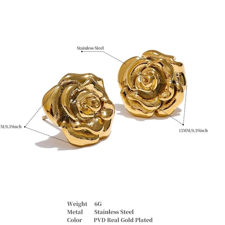 Gold Plated Rose Flower Waterproof Daily Stud Earrings for Women