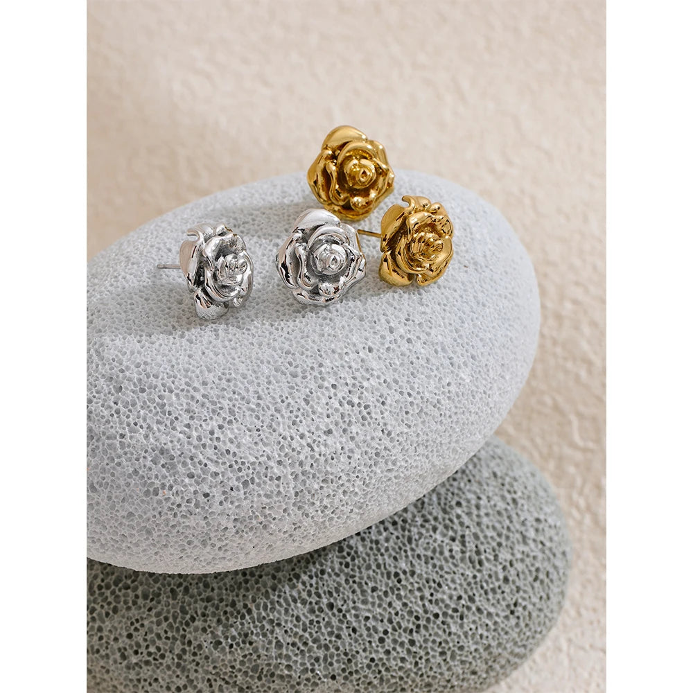 Gold Plated Rose Flower Waterproof Daily Stud Earrings for Women