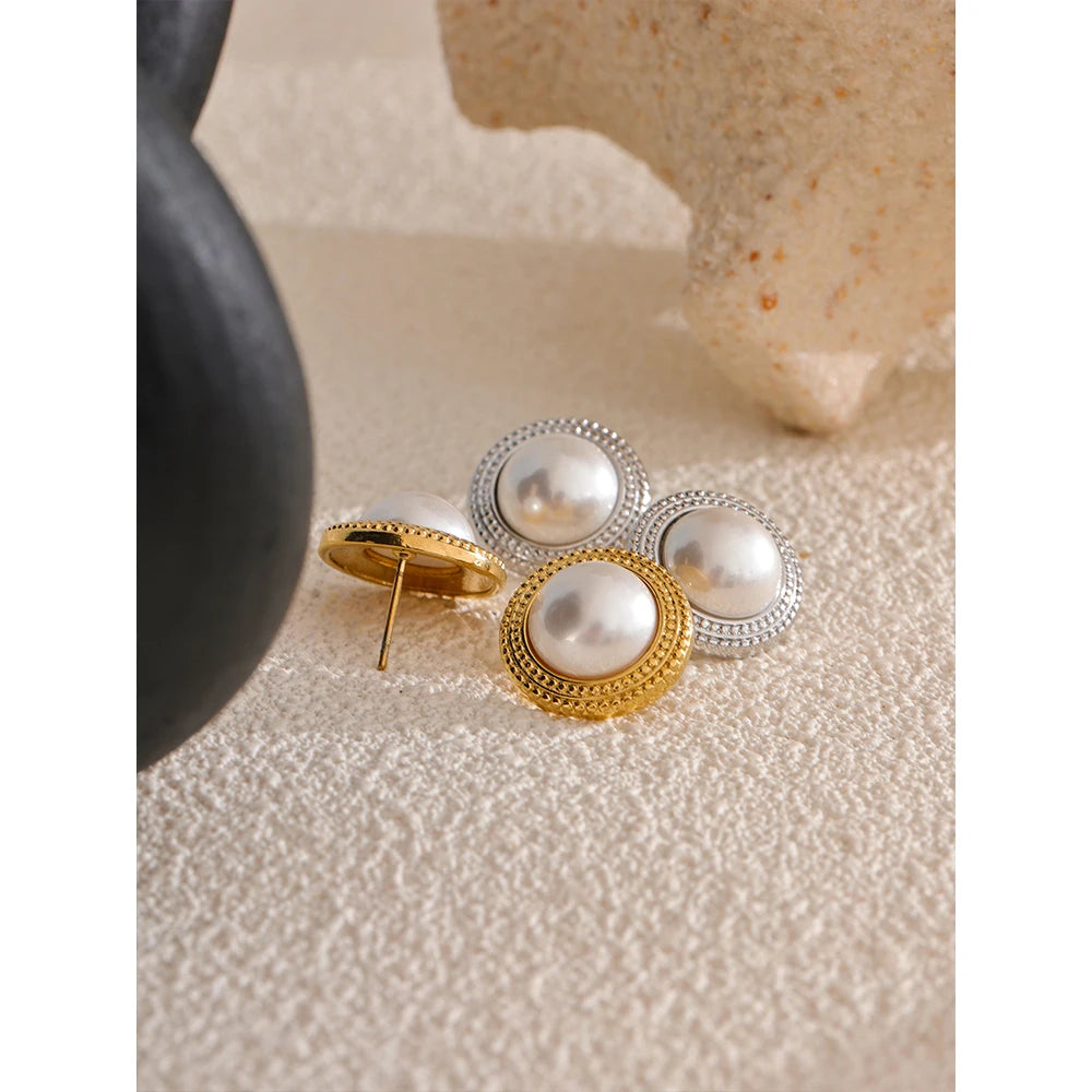 Korean Imitation Pearls Round Stud Earrings Hypoallergenic Elegant Classic Daily Fashion Gold & Platinum PVD Plated Jewelry