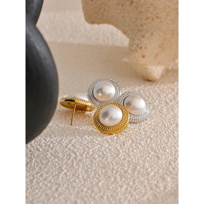 Korean Imitation Pearls Round Stud Earrings Hypoallergenic Elegant Classic Daily Fashion Gold & Platinum PVD Plated Jewelry