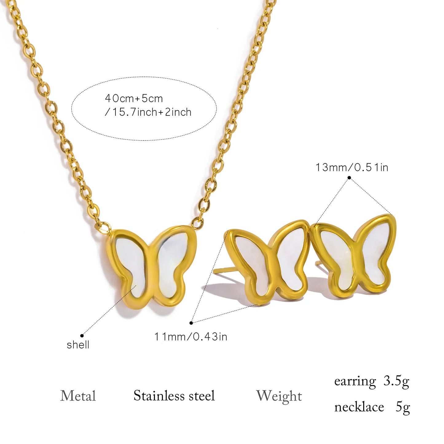 Women's Butterfly Earrings & Necklace Set - Hypoallergenic Stainless Steel with Shell