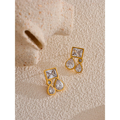 Shiny Cubic Zirconia Square Water Drop Teardrop Stud Earrings 316L Stainless Steel CZ Golden Premium Jewelry