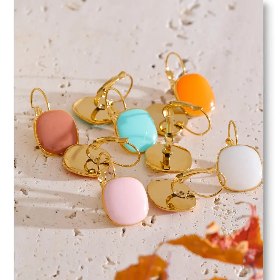 Joyful Candy Multicolored Enamel Square Hoop Earrings 18K Golden Plated Waterproof Stainless Steel Spring Summer Jewelry