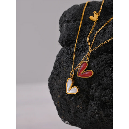 Red Enamel Heart Shell Pendant – Gold Stainless Steel Necklace