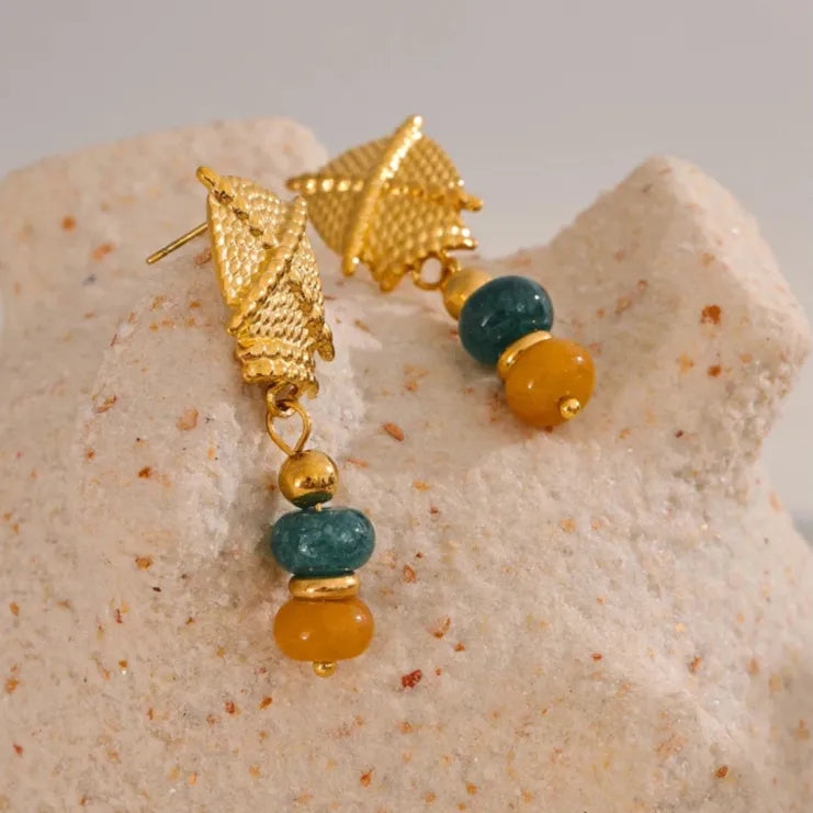 Handmade Waterproof Golden Drop Earrings – Natural Stone Design
