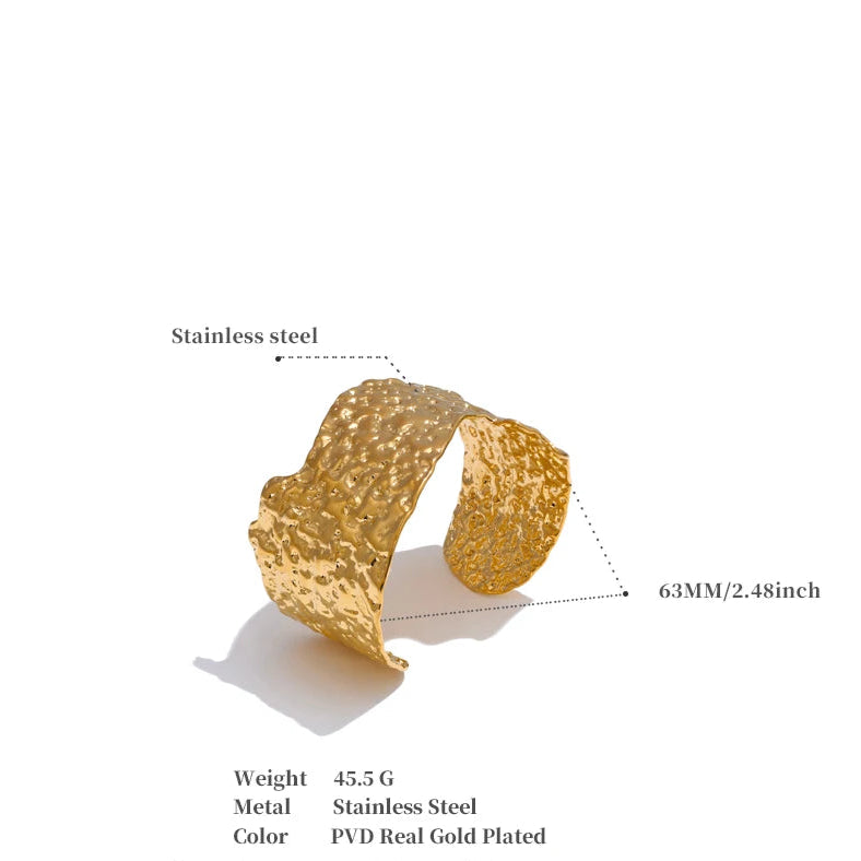 Hammered Wide Open Cuff – 18K Gold Stainless Steel Bracelet