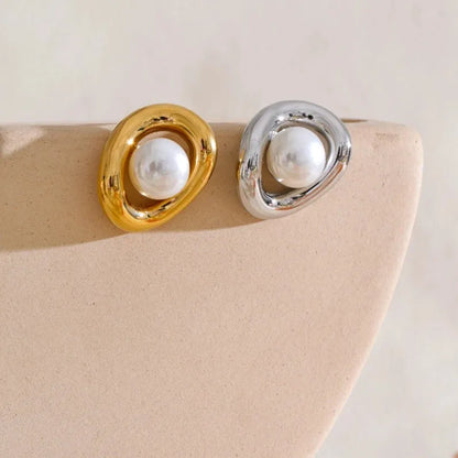 Gold Plated Tarnish-Free Hollow Oval Pearl Stud Earrings – Elegant Jewelry
