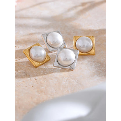 Elegant Square Pearl Stud Earrings – 316L Gold Plated