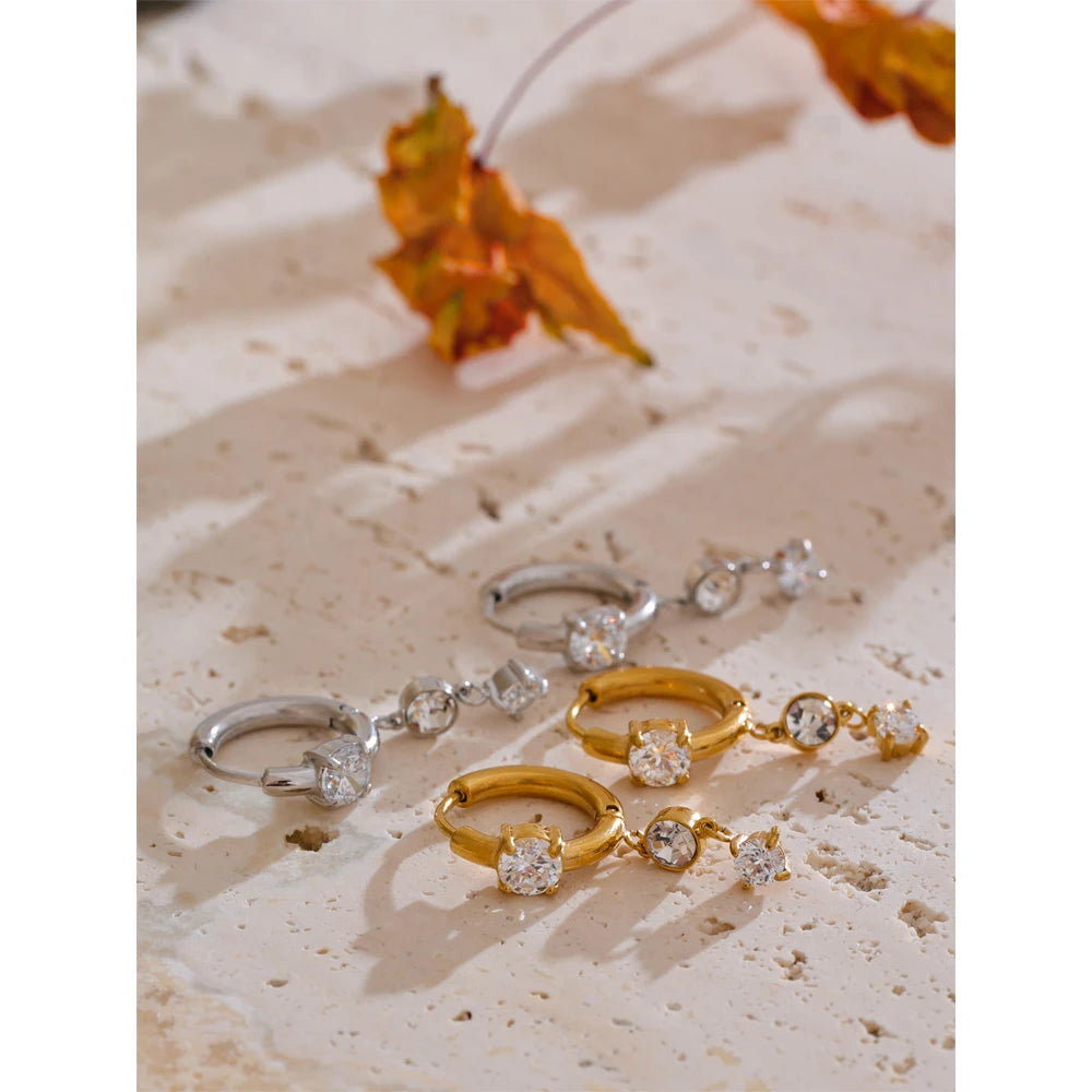 Gold Plated Stainless Steel Cubic Zirconia Drop Earrings