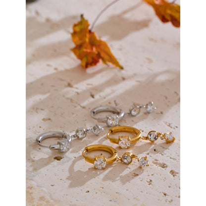 Gold Plated Stainless Steel Cubic Zirconia Drop Earrings