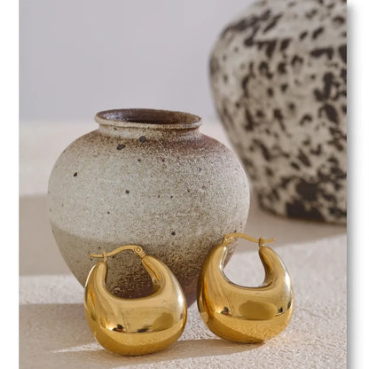 High Quality Stainless Steel Glossy Smooth Metal Chunky Hollow Hoop Earrings 18K Real Gold PVD Plated Jewelry