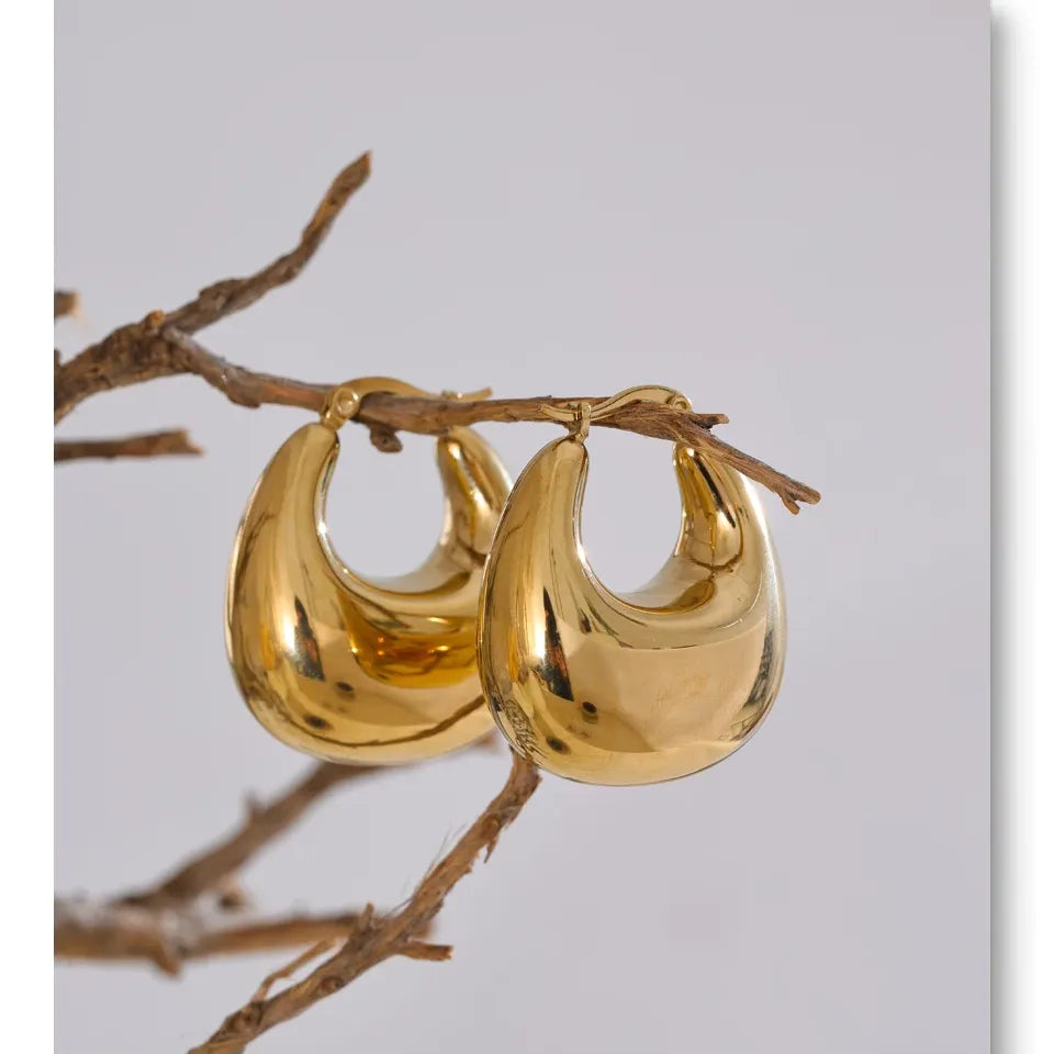 High Quality Stainless Steel Glossy Smooth Metal Chunky Hollow Hoop Earrings 18K Real Gold PVD Plated Jewelry