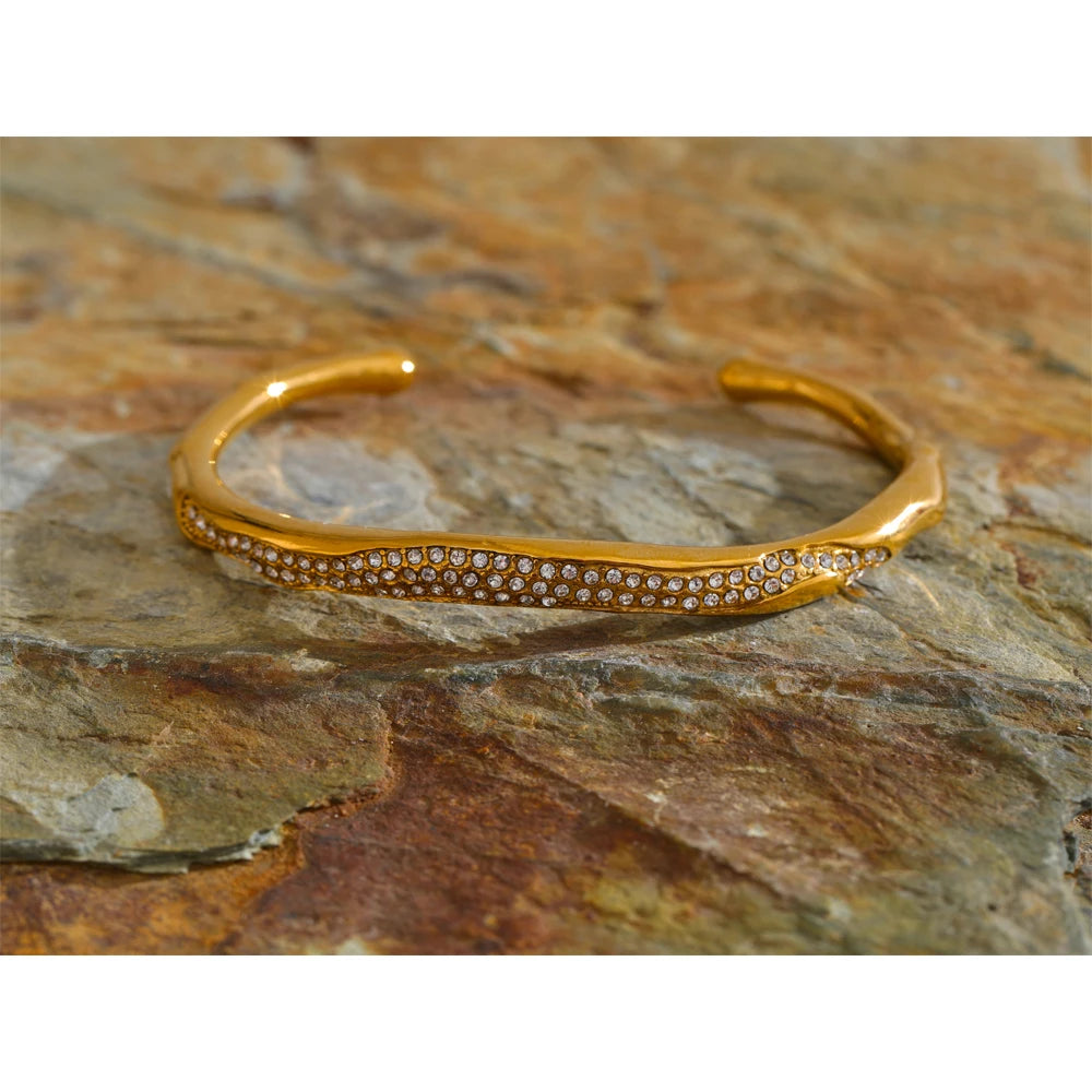 62mm CZ Open Cuff Bracelet – 18K Real Gold Plated Stainless Steel Waterproof Bracaelet