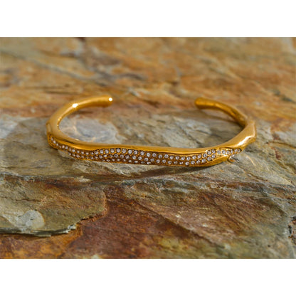 62mm CZ Open Cuff Bracelet – 18K Real Gold Plated Stainless Steel Waterproof Bracaelet