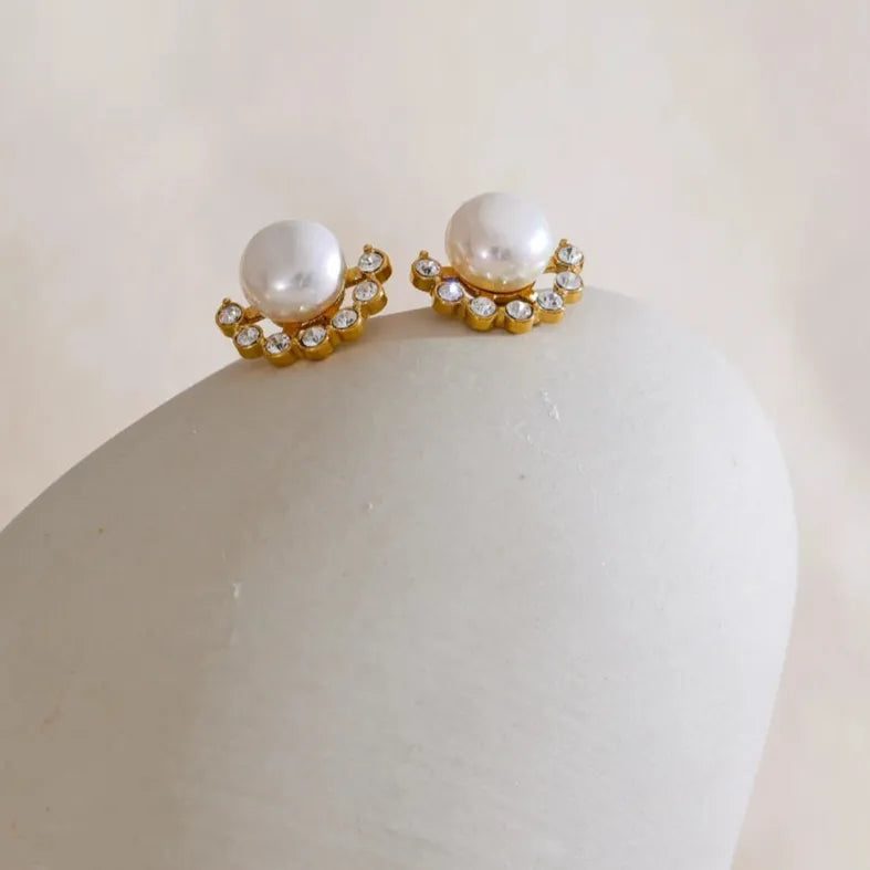 Pearl & Zirconia Stud Earrings – Gold Plated Water Resistant