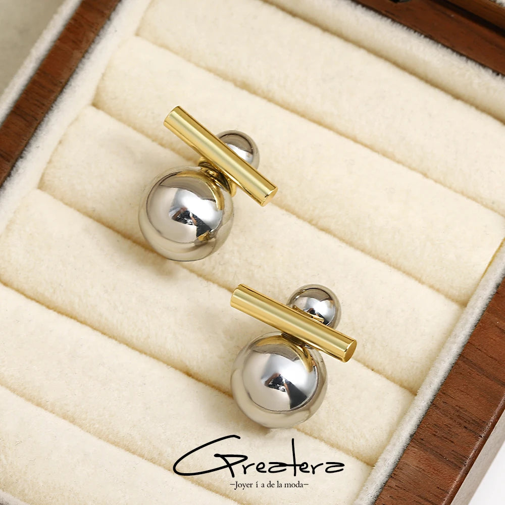 Greatera Trendy Two Tone Double Metal Ball Drop Earrings For Women Gold Silver Color Geometric Statement Earrings Jewelry 2023