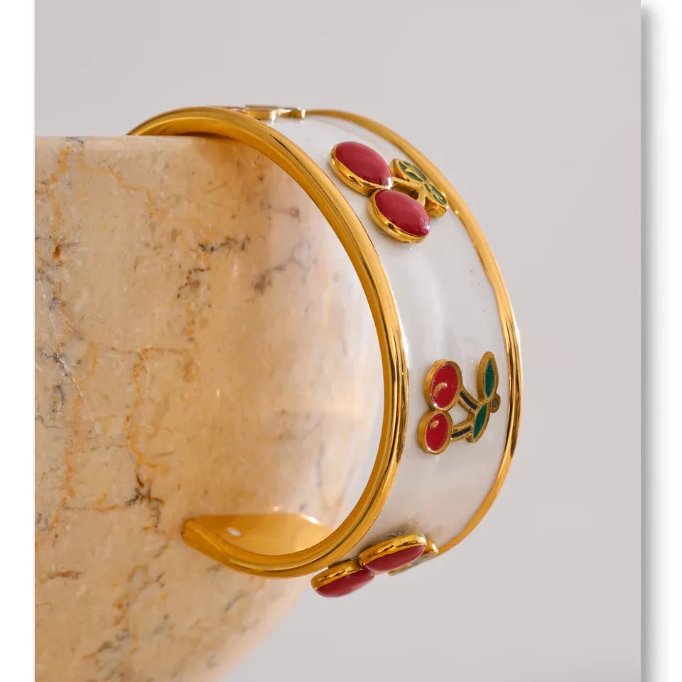 18K Gold Plated 64mm Stainless Steel White Enamel Cherry Cuff Bracelet - Jewelry Gift Ideas