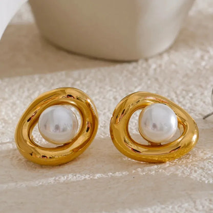 Gold Plated Tarnish-Free Hollow Oval Pearl Stud Earrings – Elegant Jewelry