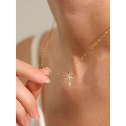 Cubic Zirconia Cross Pendant – 316L Gold Stainless Steel Necklace
