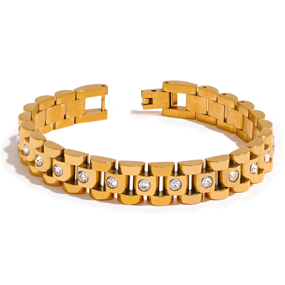 18cm Pearl / Cuban Zirconia Bracelet – 18K Gold Plated Stainless Steel Waterproof Jewellery