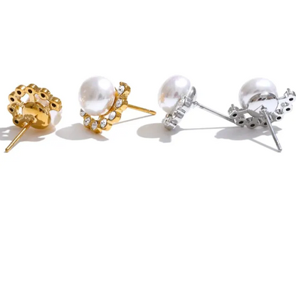Pearl & Zirconia Stud Earrings – Gold Plated Water Resistant