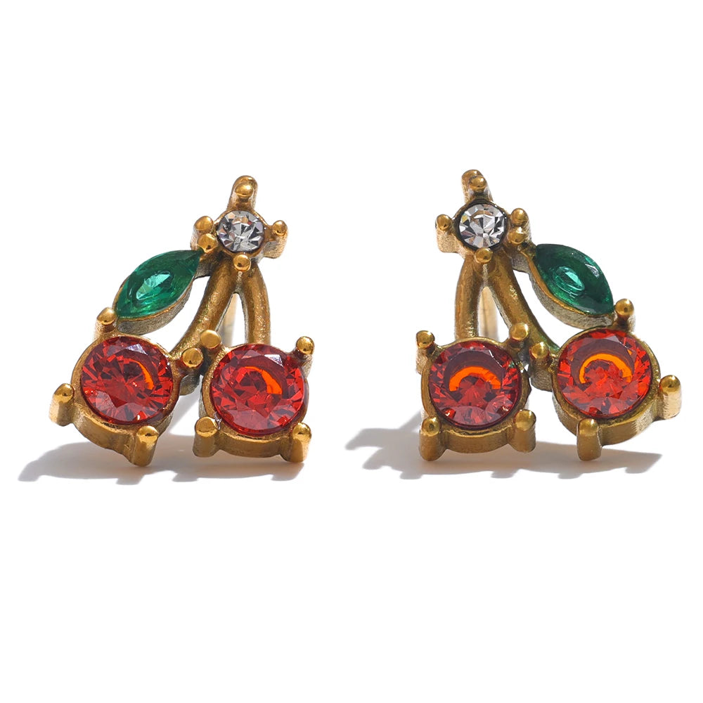 Red Cubic Zirconia Cherry Fruit Stud Earrings for Women Stainless Steel Waterproof Jewelry