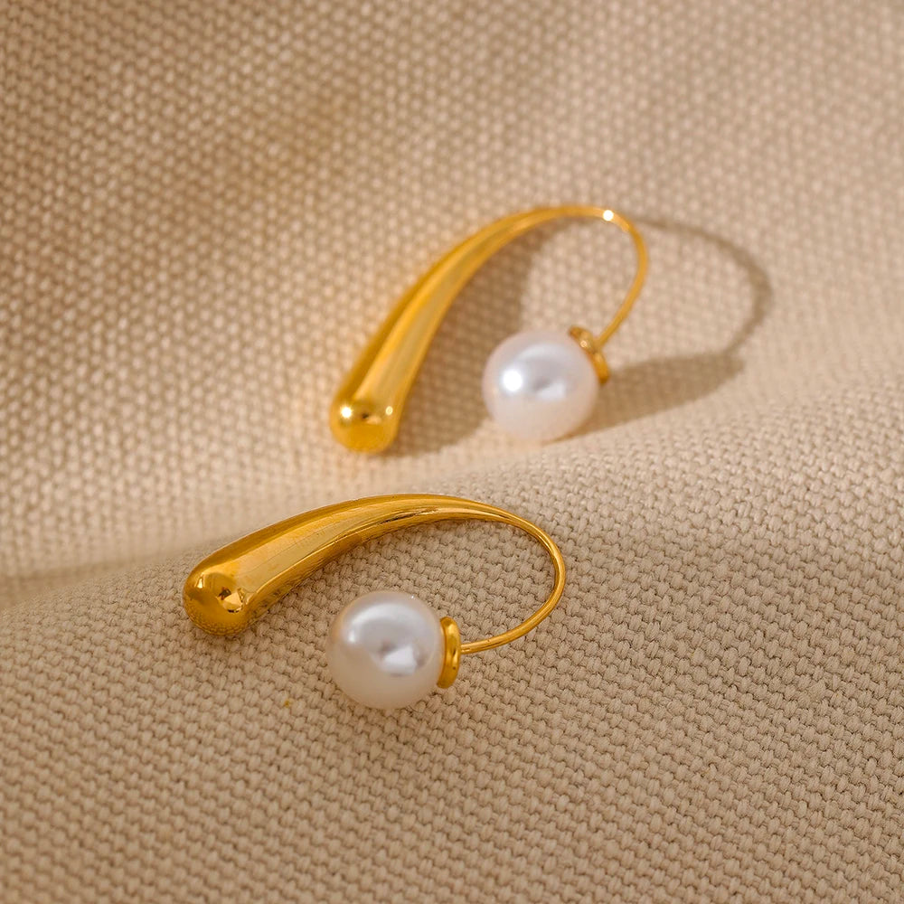 Modern Design Tarnish Free Pearl Drop Earrings – 18K Gold Plated