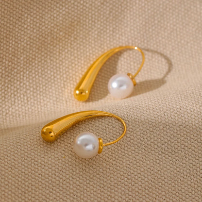 Modern Design Tarnish Free Pearl Drop Earrings – 18K Gold Plated
