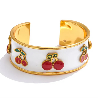 18K Gold Plated 64mm Stainless Steel White Enamel Cherry Cuff Bracelet - Jewelry Gift Ideas