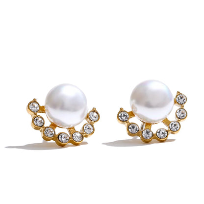 Pearl & Zirconia Stud Earrings – Gold Plated Water Resistant