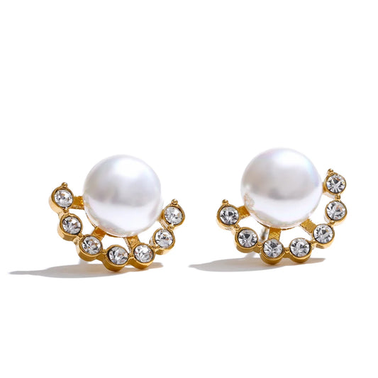 Pearl & Zirconia Stud Earrings – Gold Plated Water Resistant