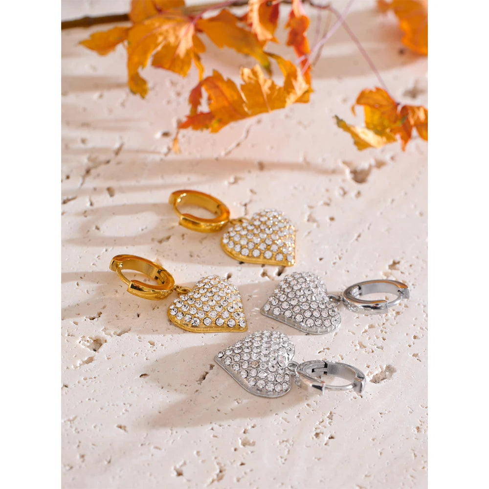 Cubic Zirconia Heart Drop Earrings - 18K Gold Plated Stainless Steel Classic Romantic Daily Wear Jewelry Waterproof