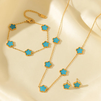 Five-Leaf Clover Jewelry Set – Pink Flower Stainless Steel Trio