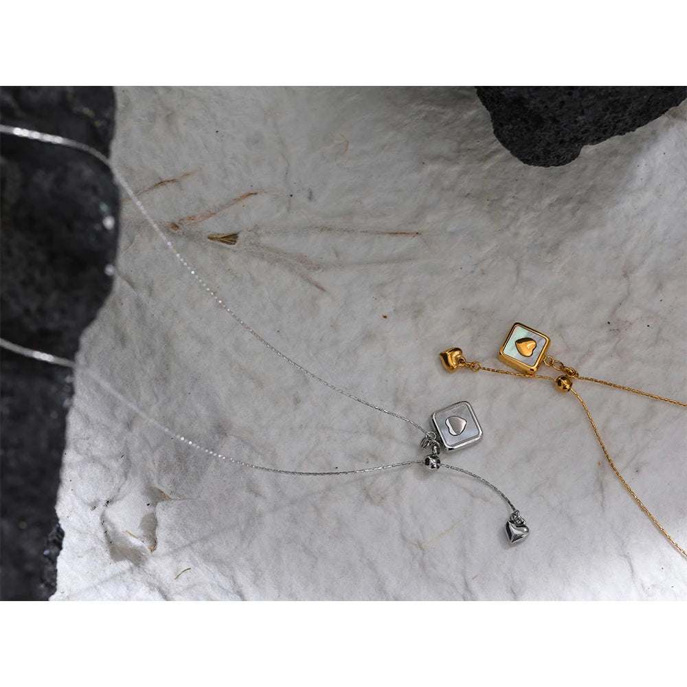 18K Gold Plated Square Heart Necklace – Shell Pendant