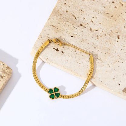 Green Crystal Clover Charm Bracelet – Waterproof Stainless Steel Bangle