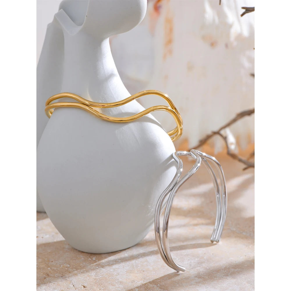 Double Layer Hollow Cuff – Adjustable Gold Plated Stainless Steel Bracelet