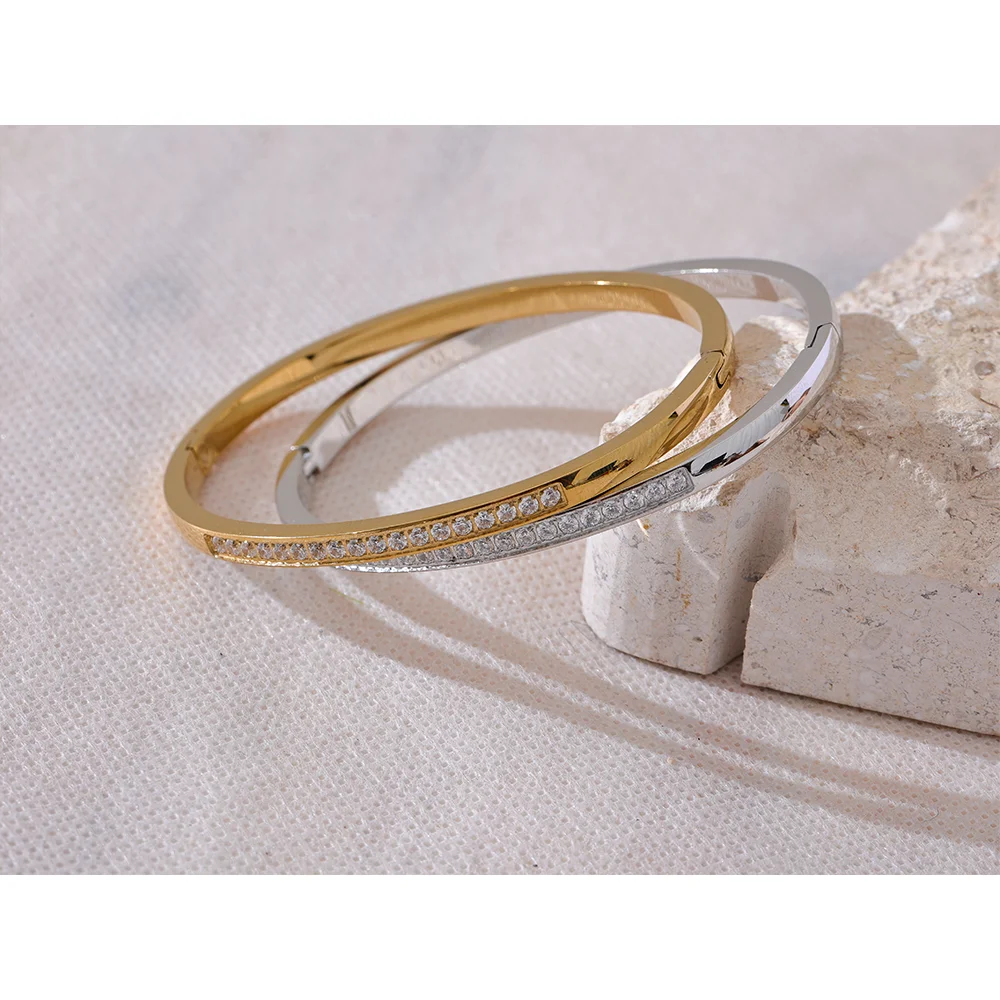 Cubic Zirconia Bangle – 60mm Gold-Plated Stainless Steel Daily Bracelet