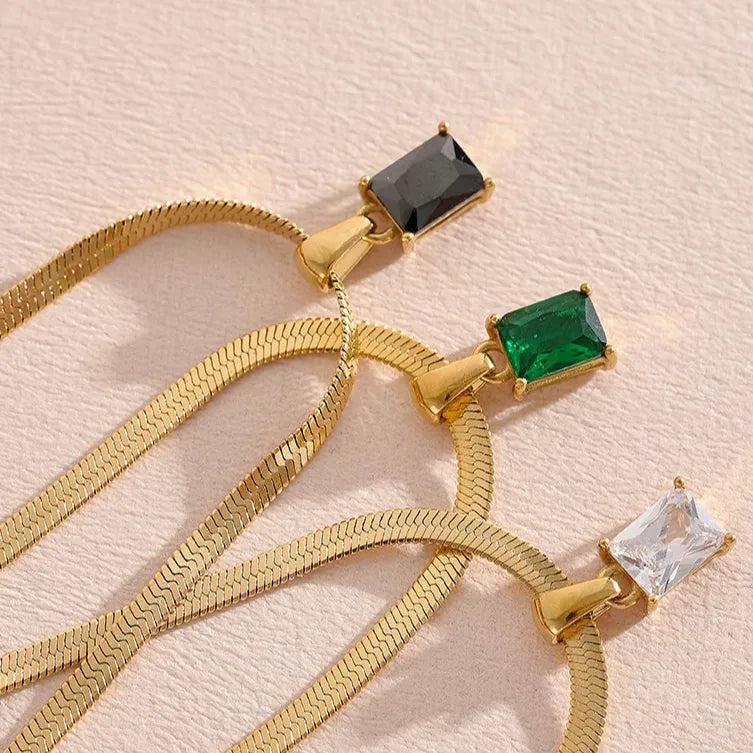 Geometric Square CZ Drop Snake Necklace – Waterproof Gold-Plated