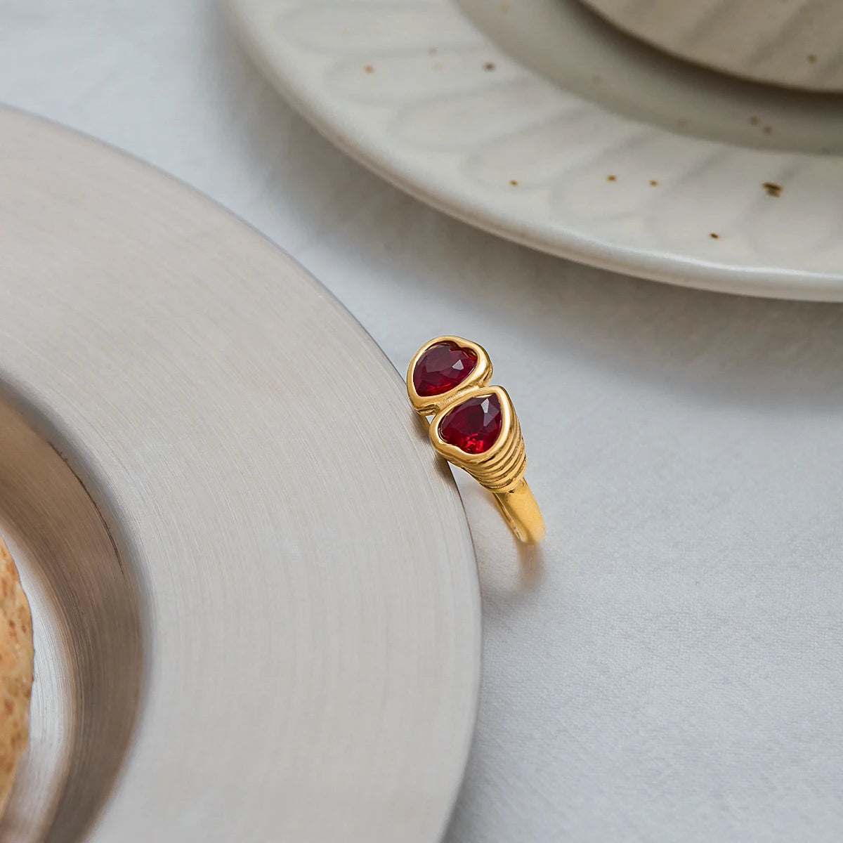 Heart-Shape Red Rhinestone Ring – Waterproof Stainless Steel with 18K Gold Plating