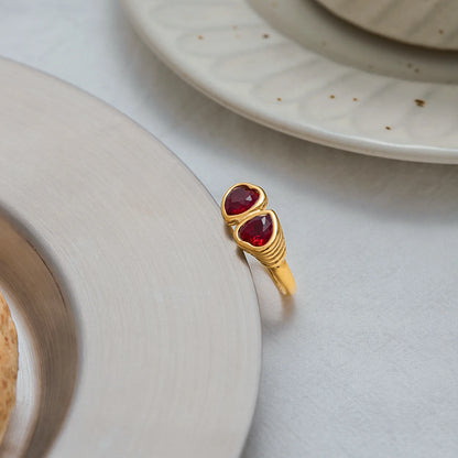 Heart-Shape Red Rhinestone Ring – Waterproof Stainless Steel with 18K Gold Plating