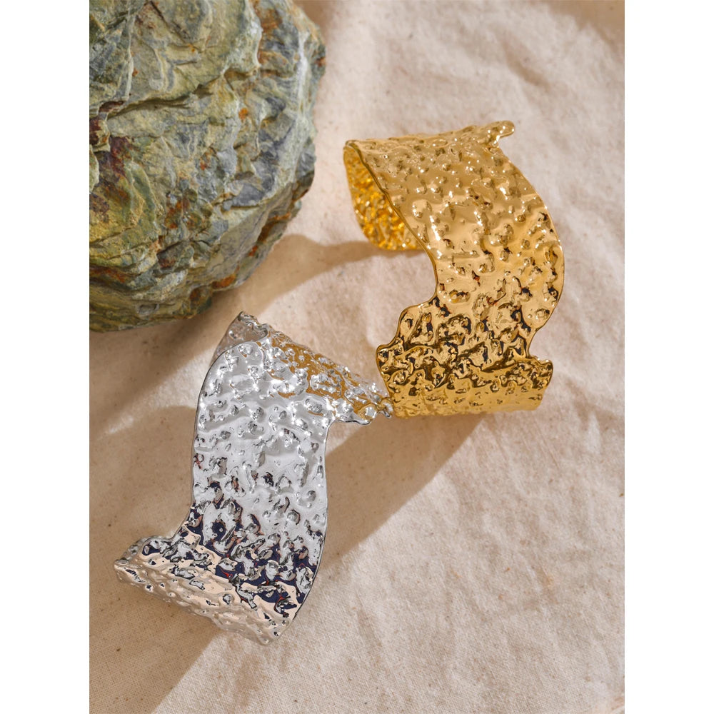 Hammered Wide Open Cuff – 18K Gold Stainless Steel Bracelet