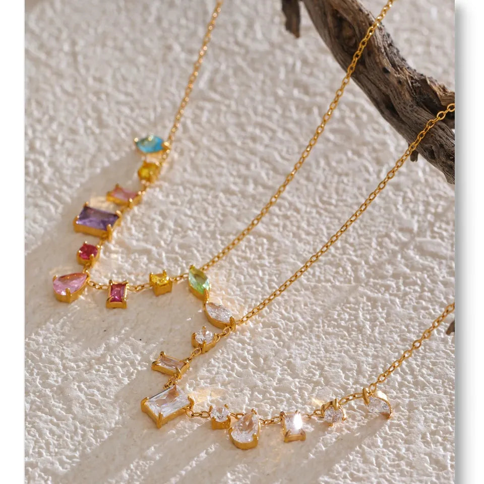 Colorful Cubic Zirconia Pendant Necklace Trendy Stainless Steel High Quality Jewelry