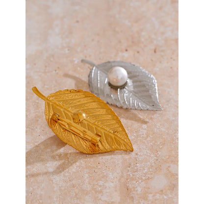 Leaf Pearl Brooch – Minimalist Gold-Plated Stainless Steel Pin