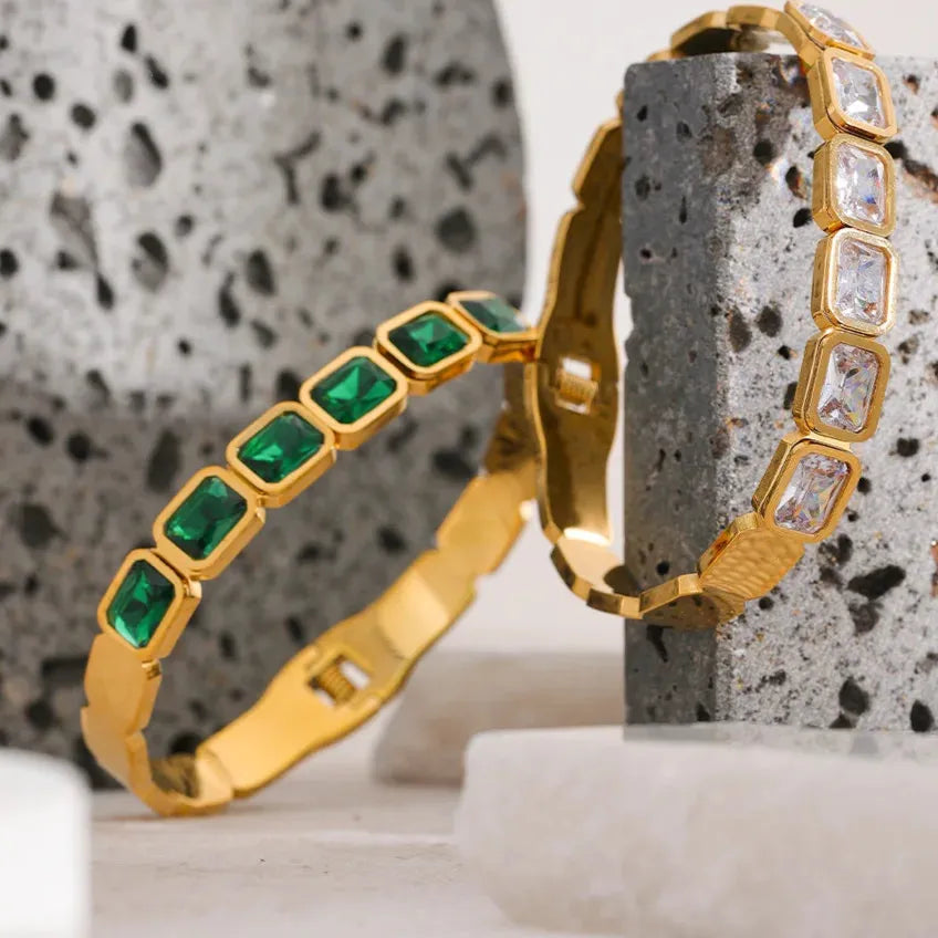 Green & White CZ Cuff Bracelet – 18K Gold Plated Waterproof Stainless Steel Jewellery