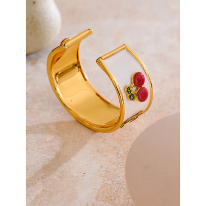 18K Gold Plated 64mm Stainless Steel White Enamel Cherry Cuff Bracelet - Jewelry Gift Ideas